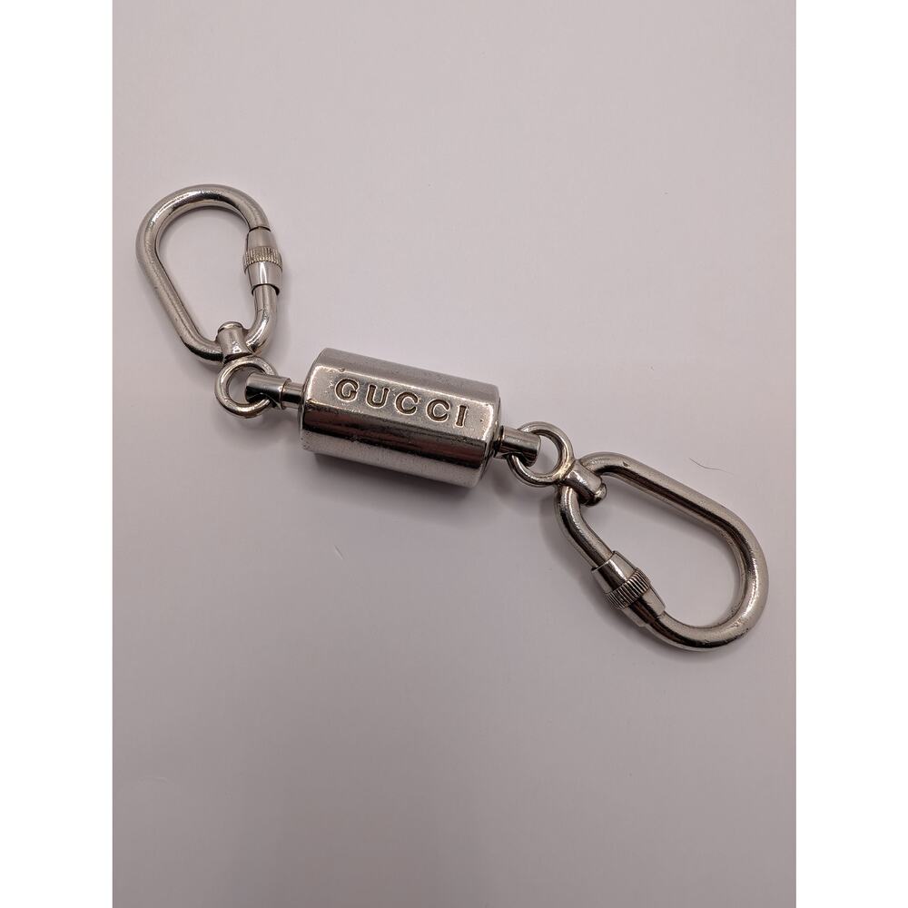 Gucci Double Carabiner Keychain Cylinder Logo Silver Tone Made in Italy - Picture 3 of 6